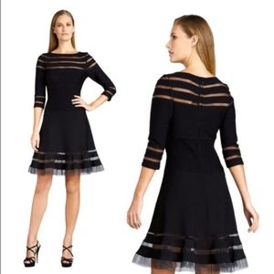 Tadashi Shoji Mesh Illusion Stripe Fit &Flare Dress Black 3/4 Sleeves Petite S